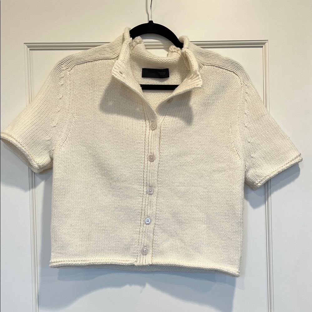 Zara Cream Short-Sleeve Button-Up Knit Cardigan